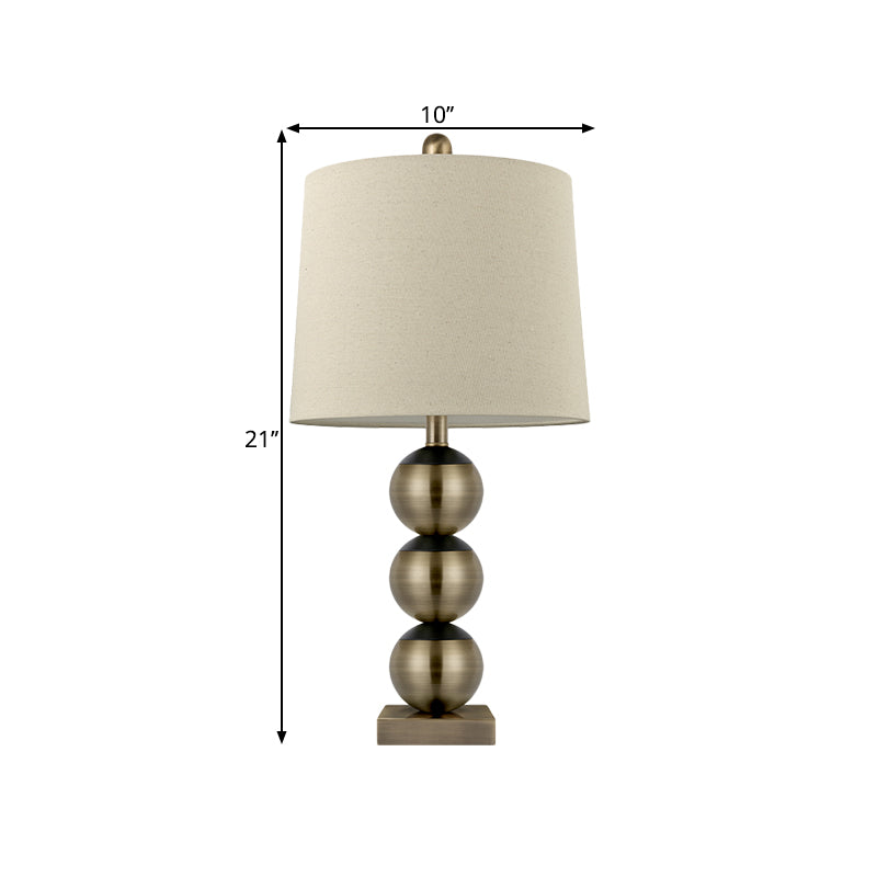 1 Head Barrel Night Light Traditional Brown Fabric Reading Book Lighting with 3 Brass Orbs Design