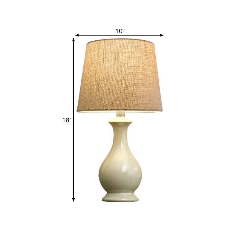 1 Bulb Conical Desk Lamp Countryside Beige Fabric Nightstand Light with White Vase Shape Base