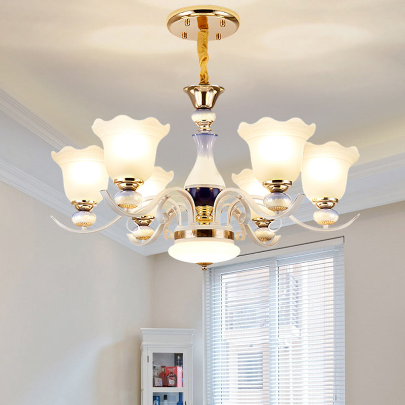 Bloom Dining Room Pendant Chandelier Antiqued Frosted Glass 3/6 Lights White Curvy Arm Suspension Lamp