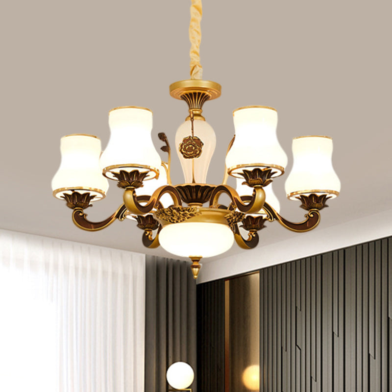 Brass 6/8-Head Pendant Lamp Retro Style Milky Glass Jar-Like Hanging Ceiling Light for Living Room