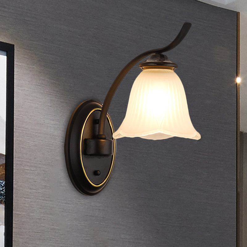 Single Head Sconce Light Countryside Flower Shape Cream Glass Wall Mounted Lamp in Black