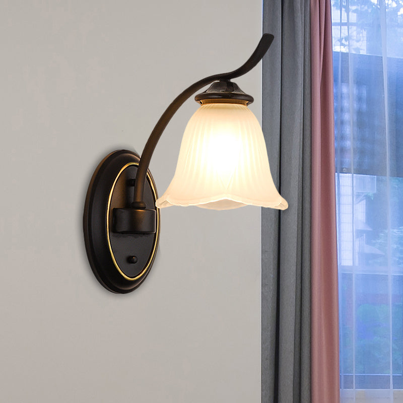 Single Head Sconce Light Countryside Flower Shape Cream Glass Wall Mounted Lamp in Black