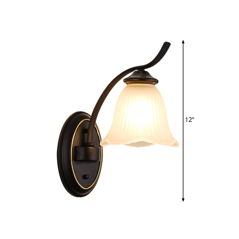 Single Head Sconce Light Countryside Flower Shape Cream Glass Wall Mounted Lamp in Black