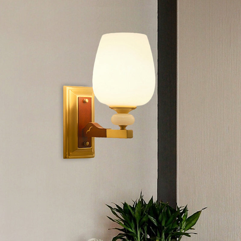 Brass Single Light Wall Mount Lamp Warehouse Opal Glass Cup Shape Angled Wall Lighting Idea