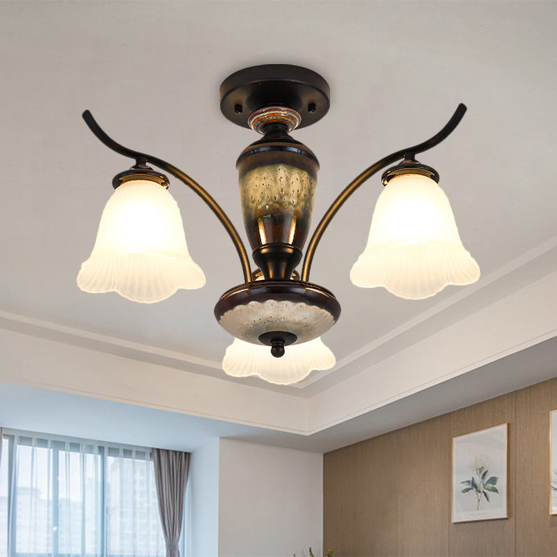 Country Flower Semi Flush 3/6/8 Heads Opal Ribbed Glass Flush Mount Ceiling Light in Black
