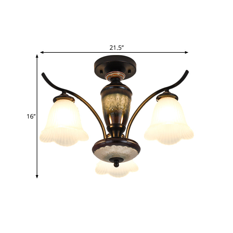 Country Flower Semi Flush 3/6/8 Heads Opal Ribbed Glass Flush Mount Ceiling Light in Black