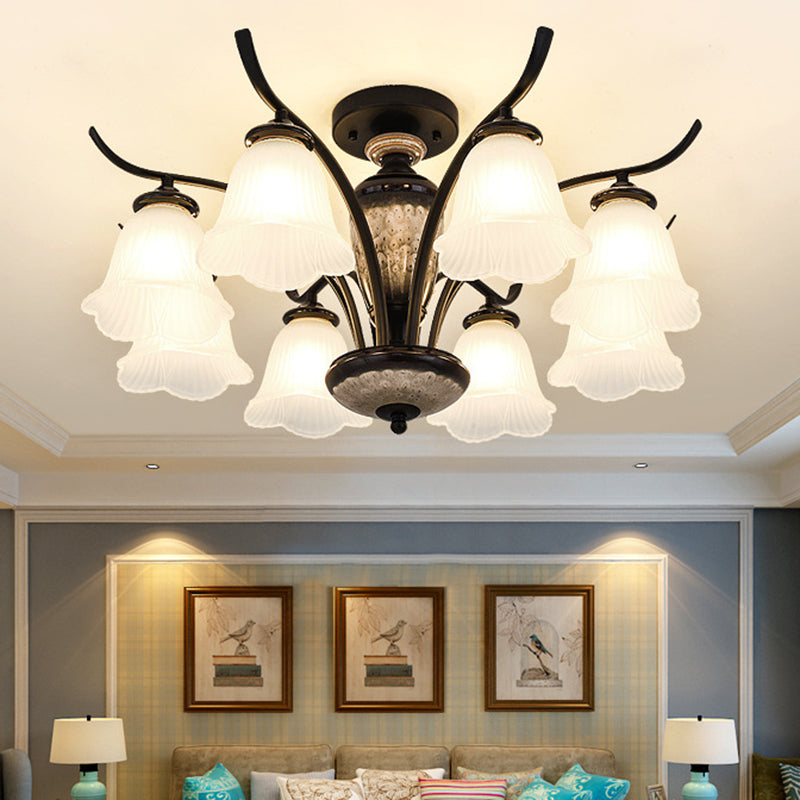 Country Flower Semi Flush 3/6/8 Heads Opal Ribbed Glass Flush Mount Ceiling Light in Black
