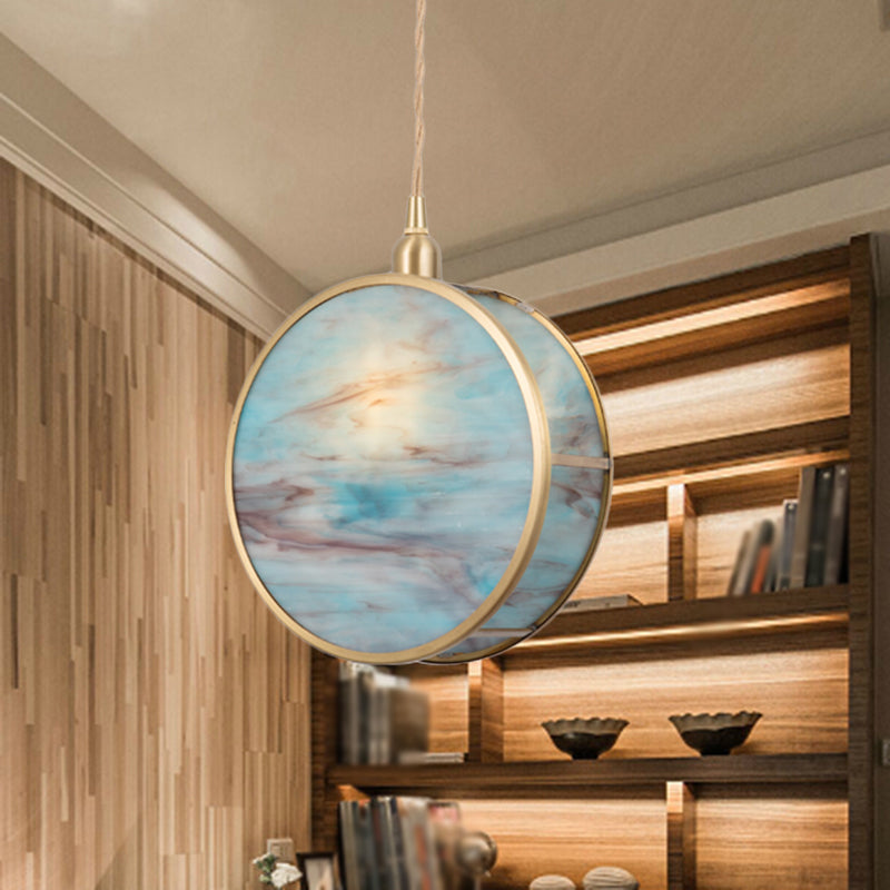 Nordic 1-Light Hanging Lamp Kit with Pink/Blue Glass Shade Brass Rounded Pendant Light Fixture