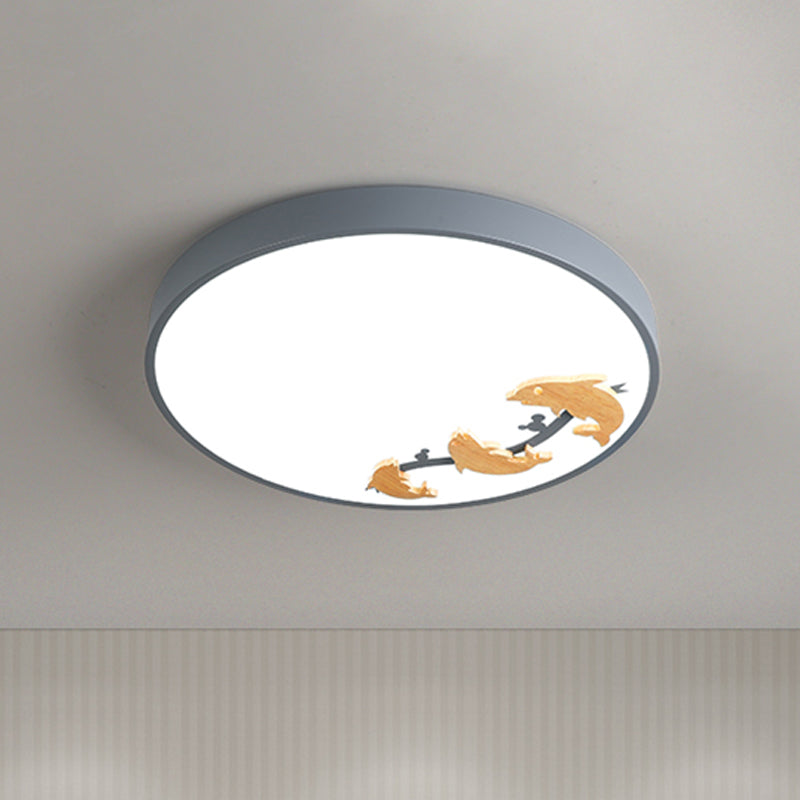 Rounded Acrylic Flush Mount Light Kids LED Grey Ceiling Mounted Fixture with Dolphin Pattern