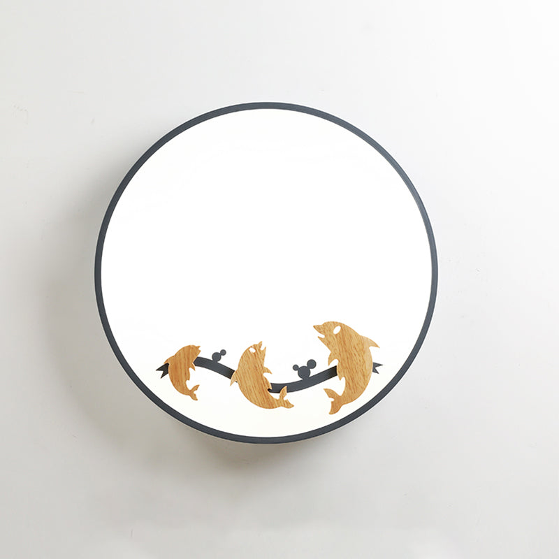 Rounded Acrylic Flush Mount Light Kids LED Grey Ceiling Mounted Fixture with Dolphin Pattern