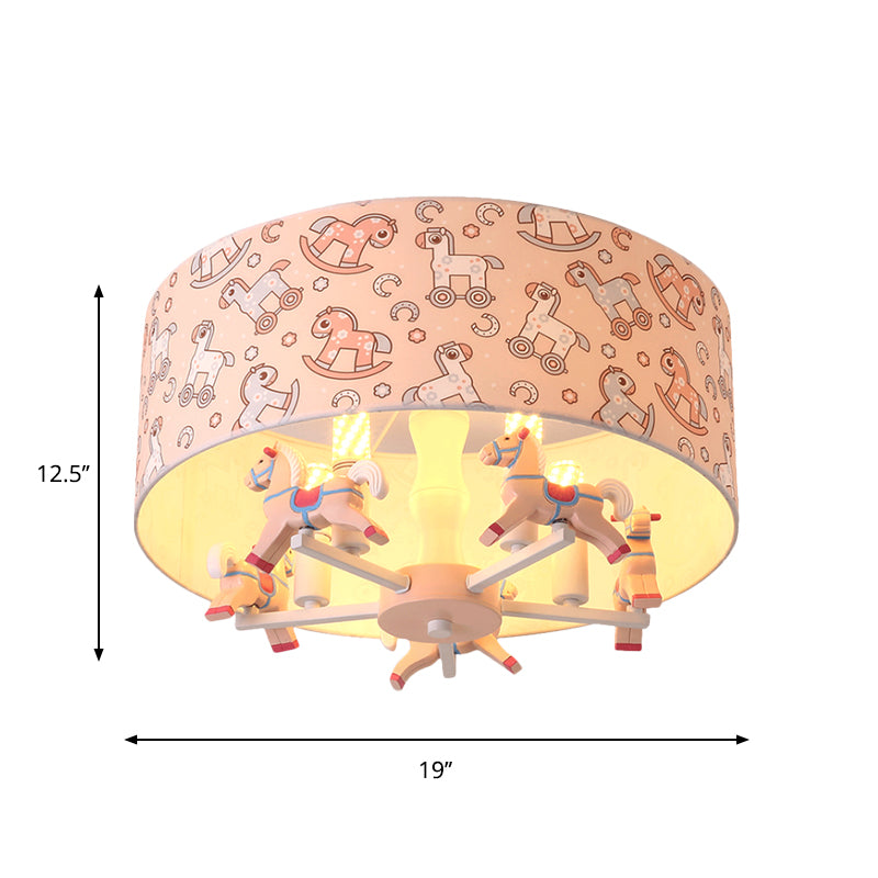 Pink Rounded Semi-Flush Mount Cartoon 5-Bulb Fabric Flush Ceiling Light with Hobbyhorse Decor
