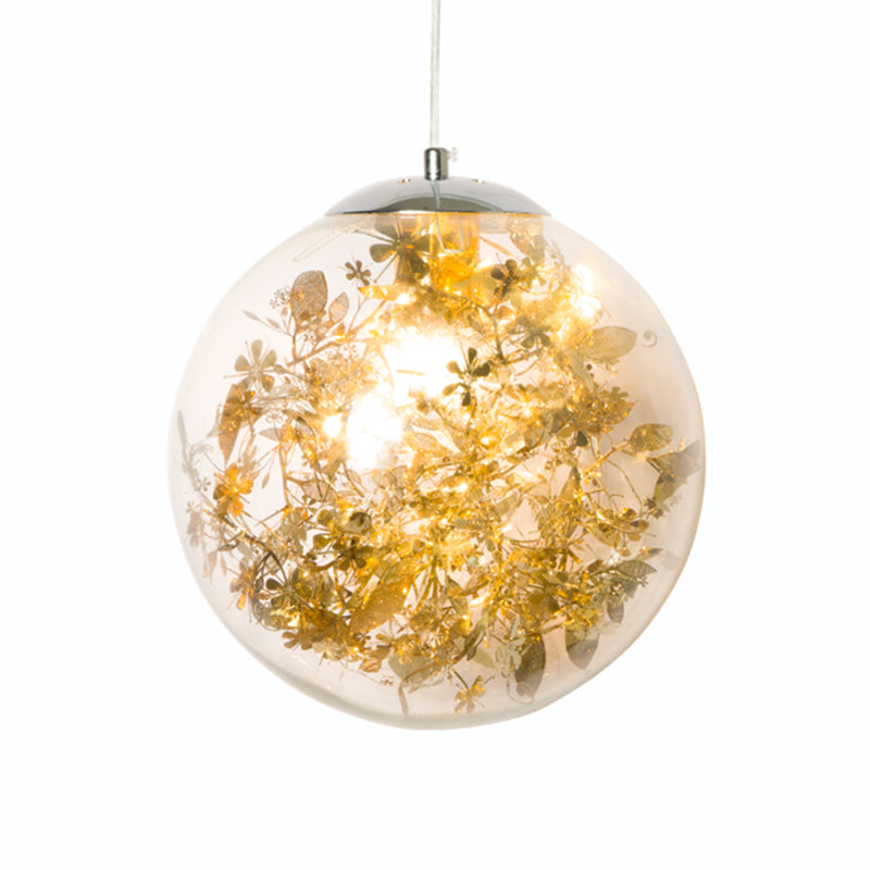 Globe Bedroom Hanging Light Clear Glass 1-Light Modernist Pendant Lighting with Inner Leaf Decor in Silver/Gold
