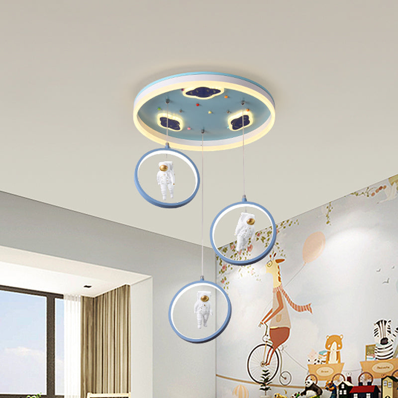 Blue Circular Hanging Lighting Cartoon LED Acrylic Suspension Pendant with Astronaut Deco