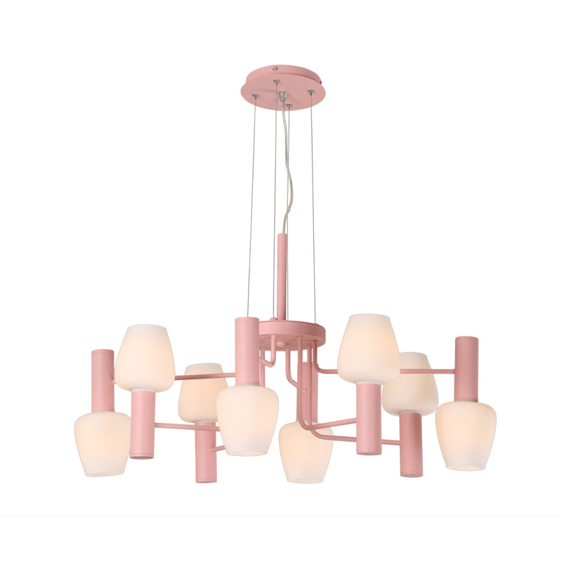 Grey/Pink/Yellow Conical Chandelier Lamp Modernist 8 Heads Frosted Glass Hanging Light for Living Room