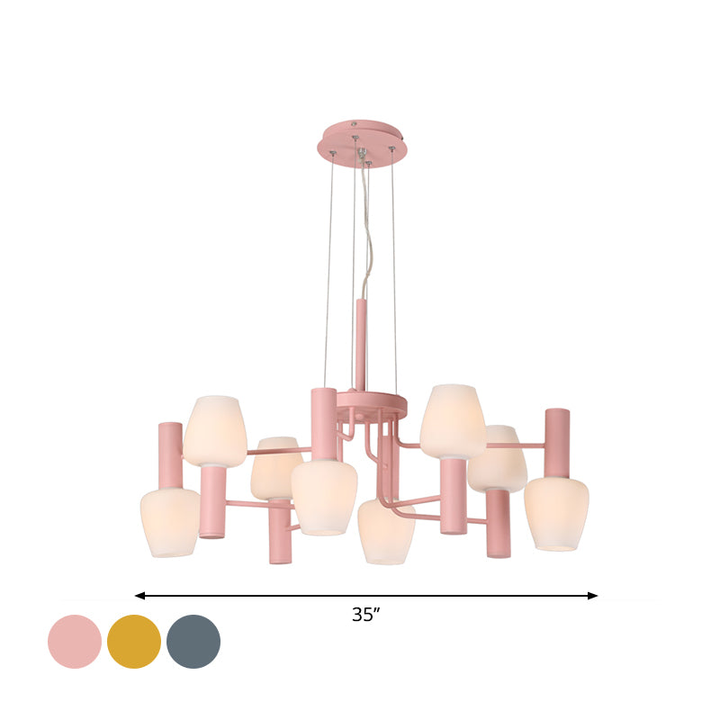 Grey/Pink/Yellow Conical Chandelier Lamp Modernist 8 Heads Frosted Glass Hanging Light for Living Room