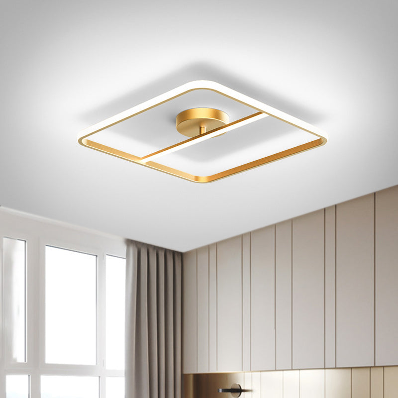 Square-Shape Semi Flush Mount Lamp Simple Metallic Gold LED Ceiling Mounted Light in Warm/White Light