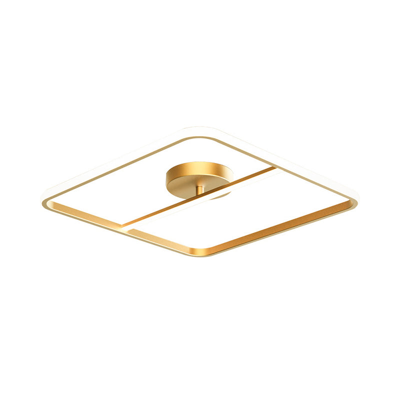 Square-Shape Semi Flush Mount Lamp Simple Metallic Gold LED Ceiling Mounted Light in Warm/White Light