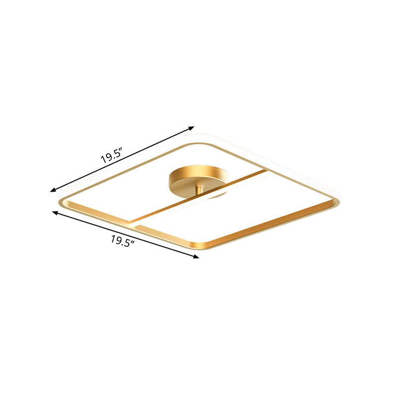 Square-Shape Semi Flush Mount Lamp Simple Metallic Gold LED Ceiling Mounted Light in Warm/White Light