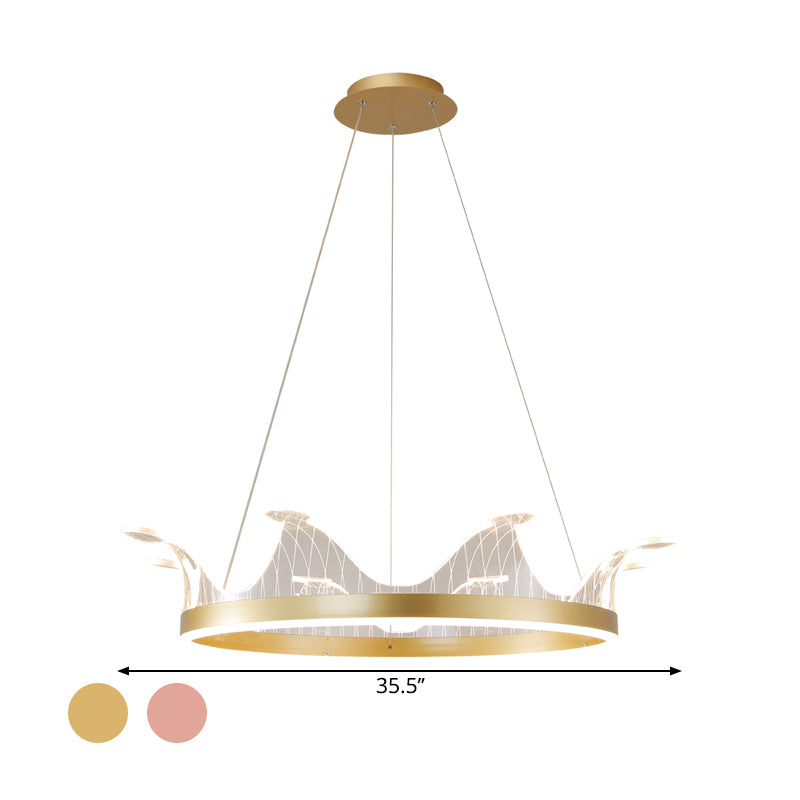 Pink/Gold Crown Shape Pendant Lighting Modern LED Metal Chandelier Lamp in Warm/White Light