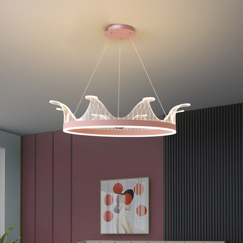 Pink/Gold Crown Shape Pendant Lighting Modern LED Metal Chandelier Lamp in Warm/White Light