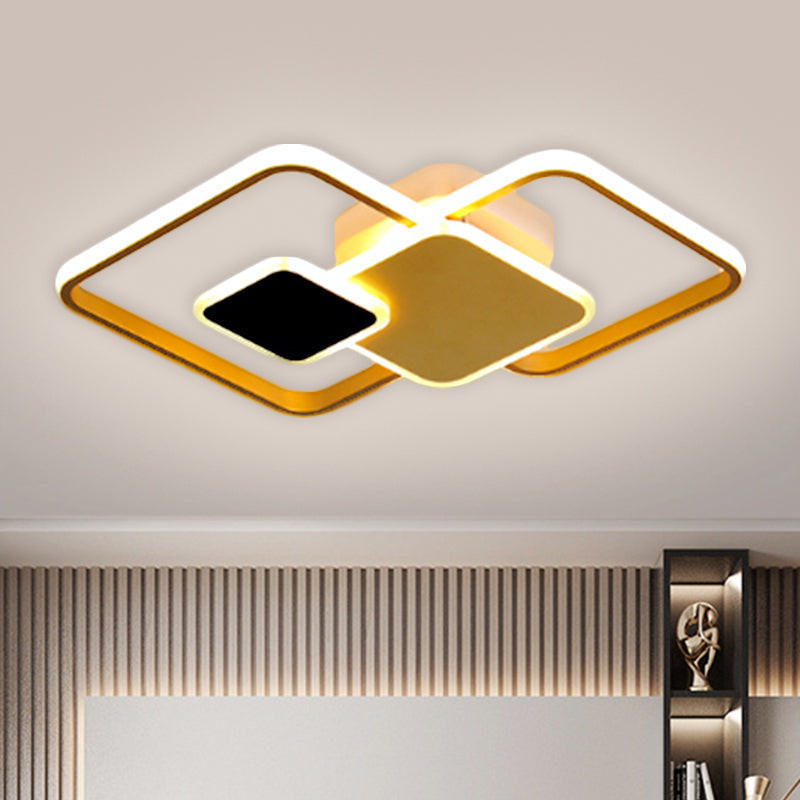 Crossed Square Ceiling Lighting Modern Metallic Black/Gold LED Flush Mount Fixture in Warm/White Light, 22"/32.5" Wide