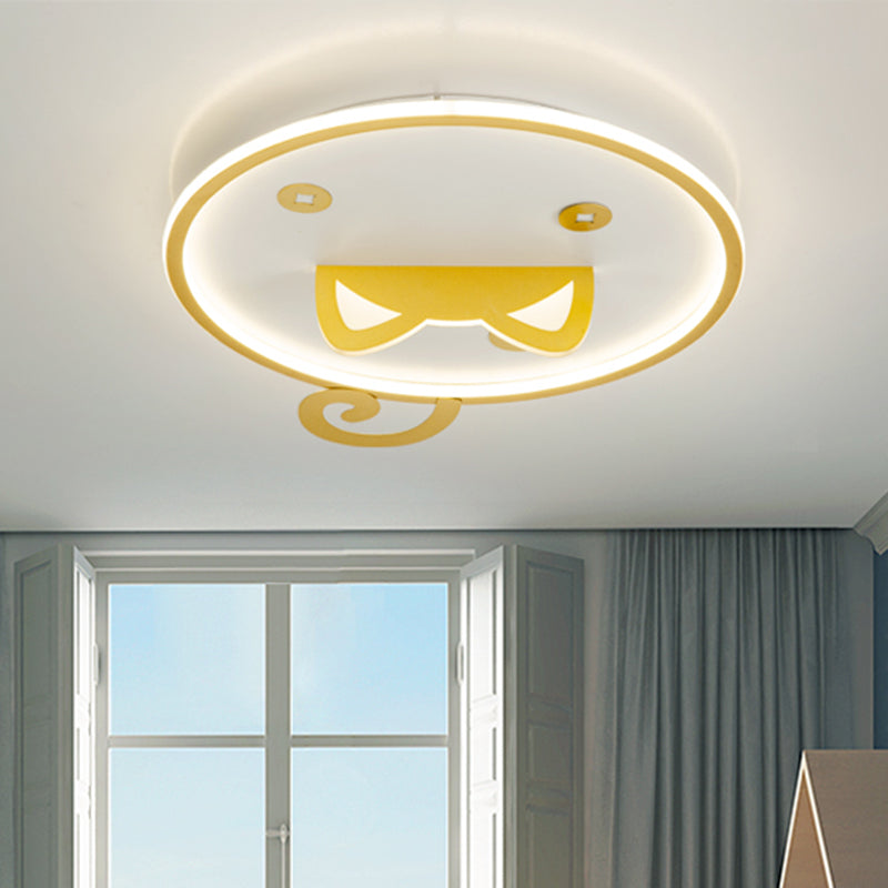 Contemporary LED Ceiling Light Fixture with Metal Shade Yellow Round Flush Mount Lamp with Cat Ear Design, Warm/White Light