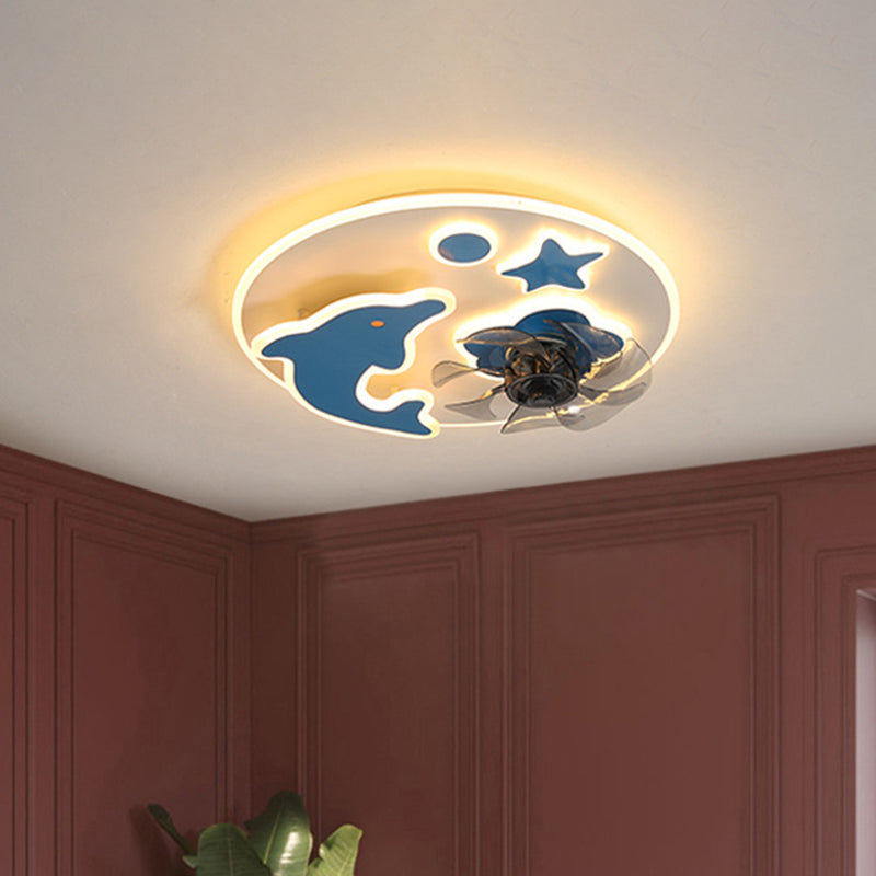 Luz del ventilador de delfín de 7 cuchillas y techo estrella de la lámpara Semi Flush LED de LED de color rosa/azul, de 19.5 pulgadas de ancho