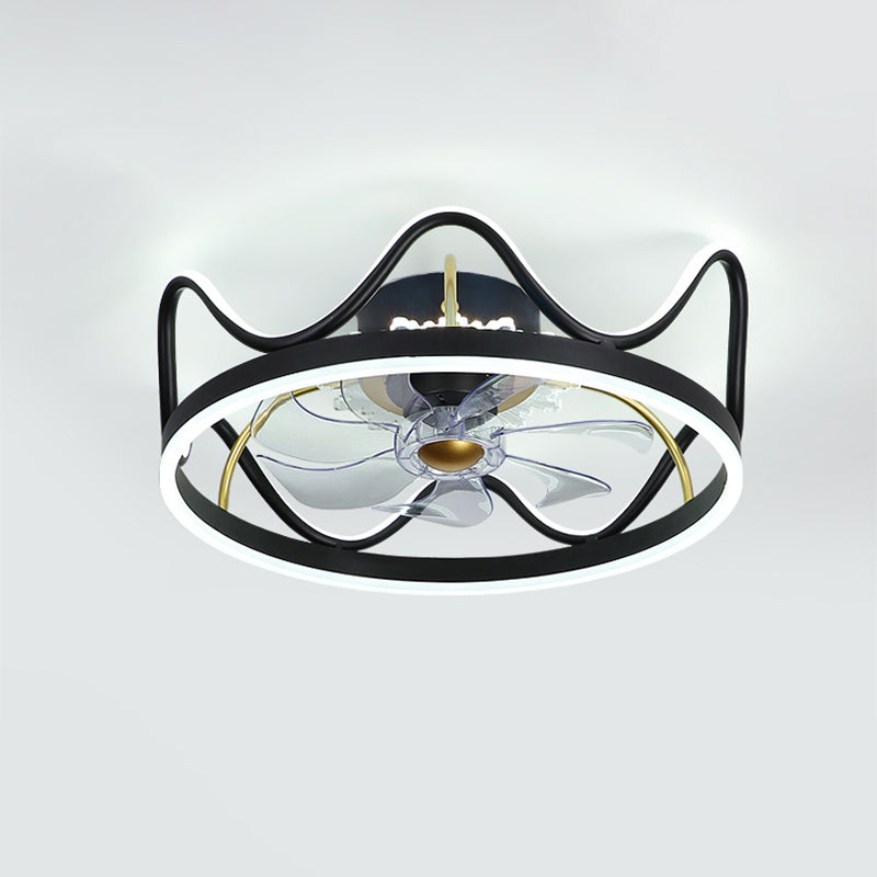 Crown Shape Dinging Sala de 7 cuchillas Ventilador colgante Lámpara Metálica Moderna LED Semi Flush en oro/negro, 22 "de ancho