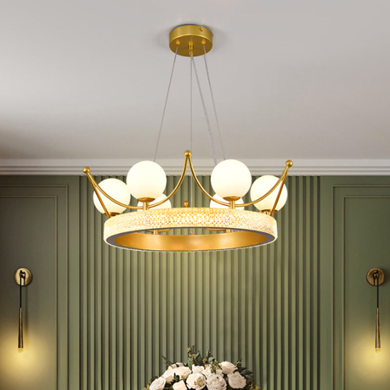 Modern Crown Shape Suspension Lamp Metal 6 Lights Girl Room LED Ceiling Chandelier in Gold with Orb Cream Glass Shade