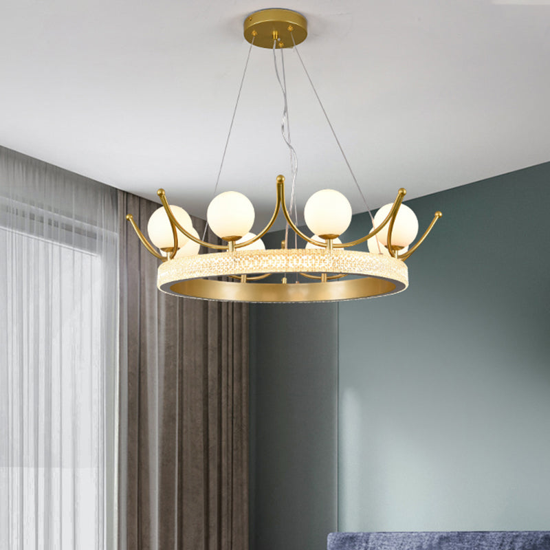 Modern Crown Shape Suspension Lamp Metal 6 Lights Girl Room LED Ceiling Chandelier in Gold with Orb Cream Glass Shade