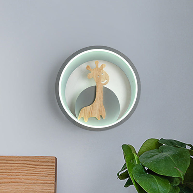 Luz de pared de anillo gris/negro LED moderno de pared acrílica de acrílico con decoración de figuras de jirafa para habitación para niños, luz cálida/blanca