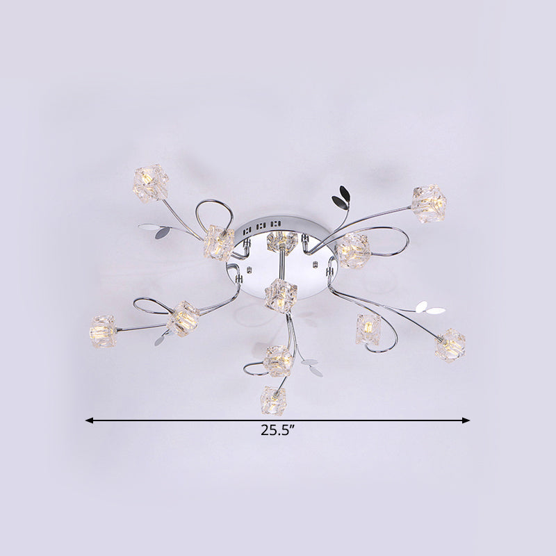 Chrome Cube Semi Flush Mount Modern 11/20-Light Hand-Cut Crystal Ceiling Lamp with Metal Leaf Deco