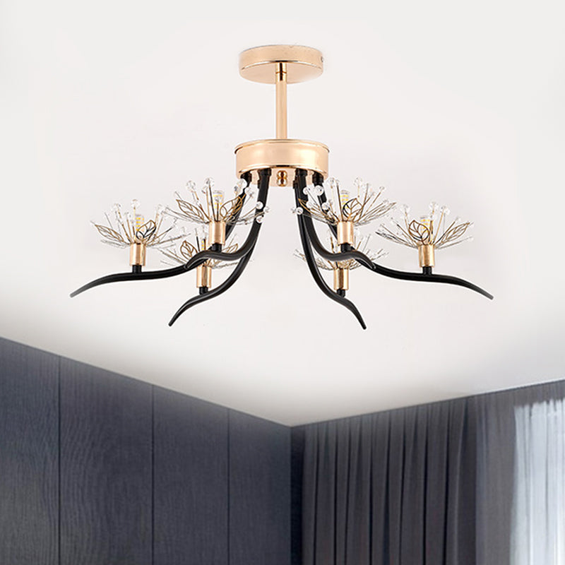 Chinese Redbud Ceiling Mounted Light Modern Style Faceted Crystal 6-Bulb Black Semi Flush Chandelier
