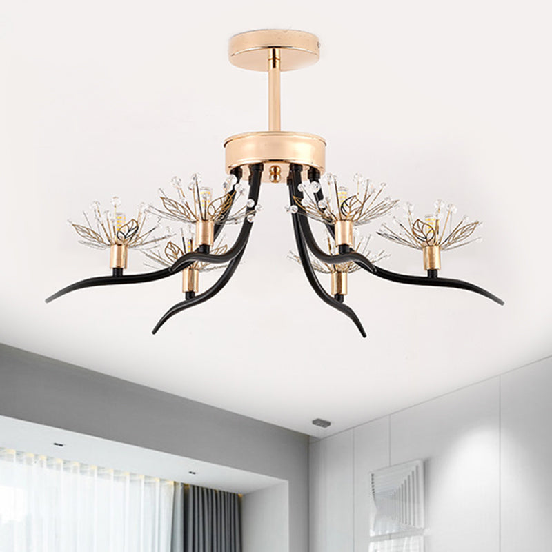 Chinese Redbud Ceiling Mounted Light Modern Style Faceted Crystal 6-Bulb Black Semi Flush Chandelier