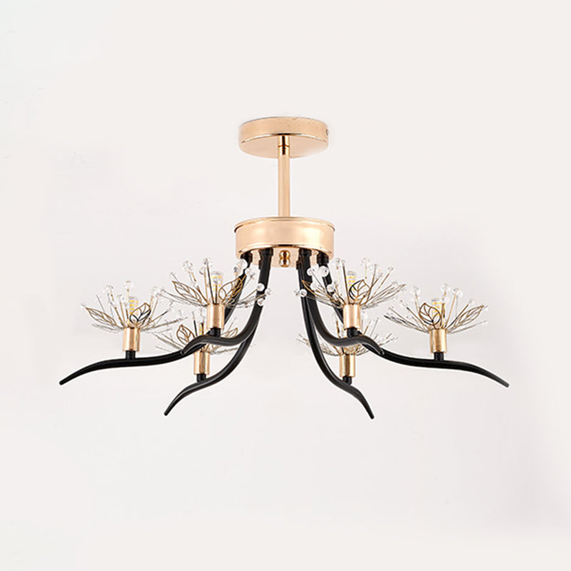 Chinese Redbud Ceiling Mounted Light Modern Style Faceted Crystal 6-Bulb Black Semi Flush Chandelier