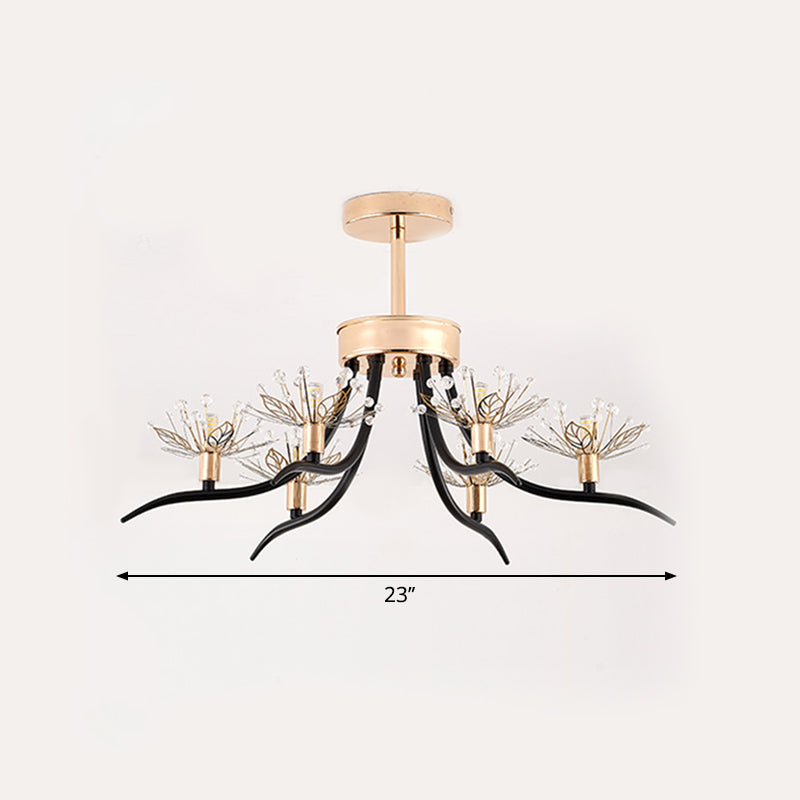 Chinese Redbud Ceiling Mounted Light Modern Style Faceted Crystal 6-Bulb Black Semi Flush Chandelier