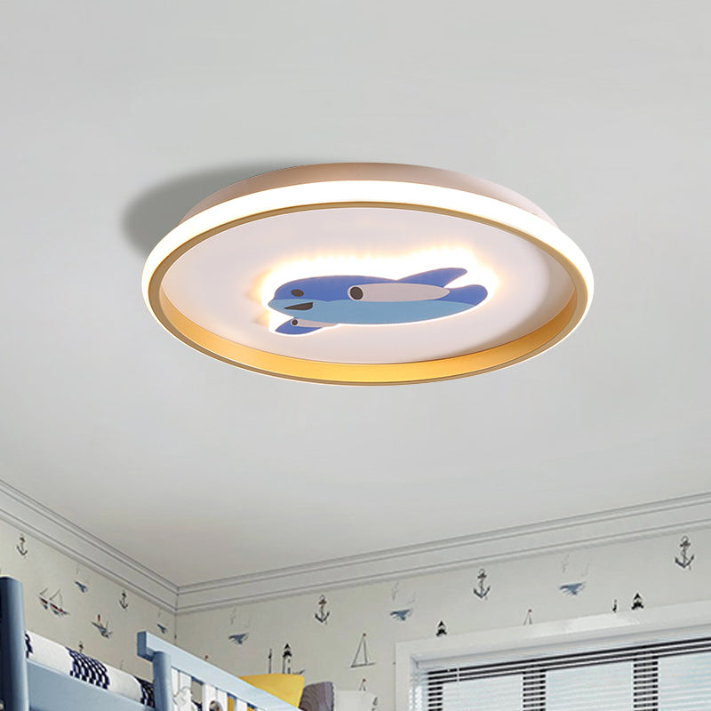 Plane/Elephant/Fish Metallic Flush Light Fixture Cartoon LED Blue Close to Ceiling Lamp for Kids Room