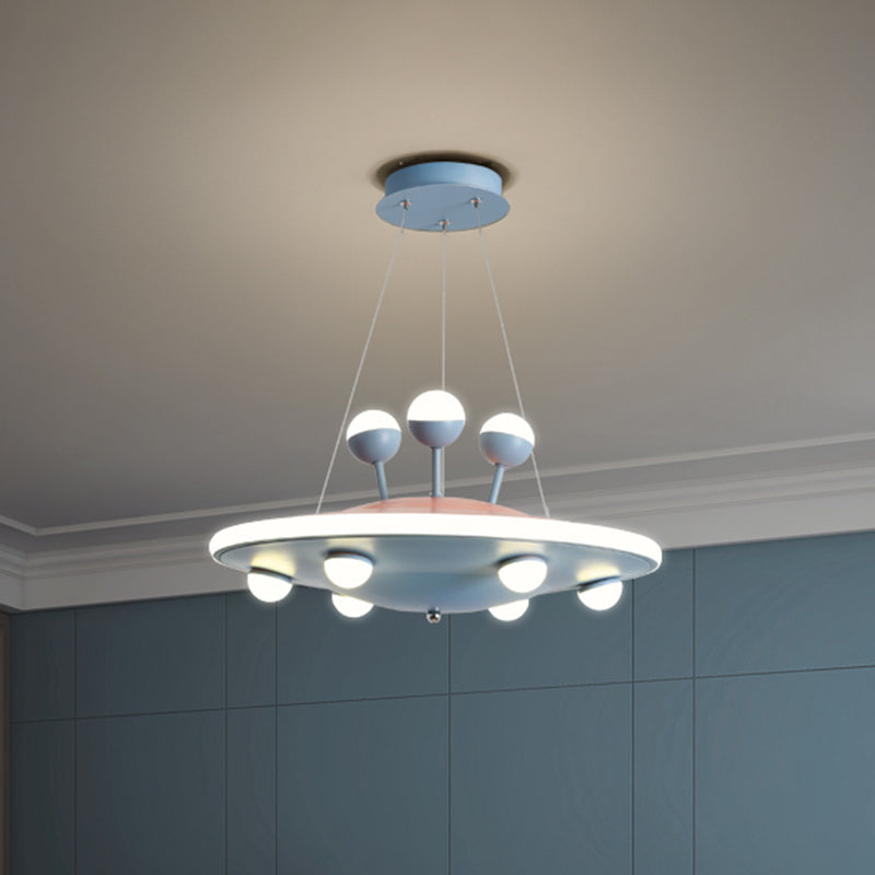 Cartoon UFO Ceiling Chandelier Metal LED Kids Bedroom Pendant Light with Round Canopy in Pink/Blue