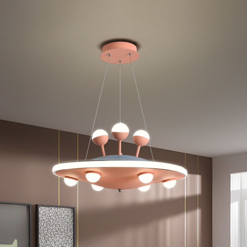 Cartoon UFO Ceiling Chandelier Metal LED Kids Bedroom Pendant Light with Round Canopy in Pink/Blue