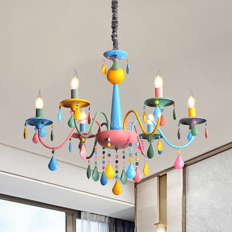 Pink and Yellow Curved Arm Chandelier Light Cartoon 3/5/6 Lights Metallic Pendant Lamp with/without Shade