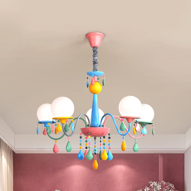 Pink and Yellow Curved Arm Chandelier Light Cartoon 3/5/6 Lights Metallic Pendant Lamp with/without Shade