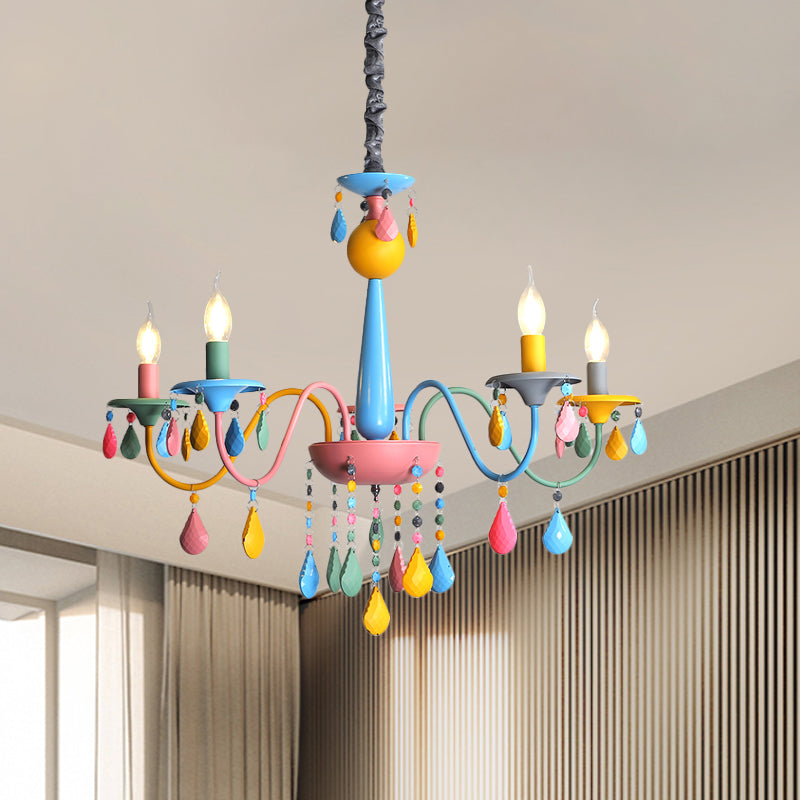Pink and Yellow Curved Arm Chandelier Light Cartoon 3/5/6 Lights Metallic Pendant Lamp with/without Shade