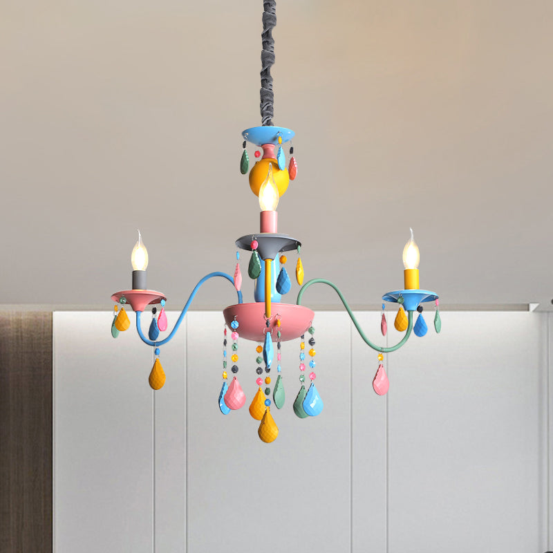 Pink and Yellow Curved Arm Chandelier Light Cartoon 3/5/6 Lights Metallic Pendant Lamp with/without Shade
