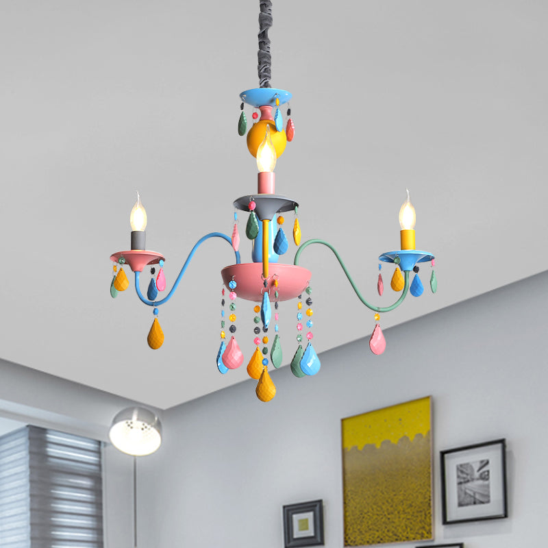 Pink and Yellow Curved Arm Chandelier Light Cartoon 3/5/6 Lights Metallic Pendant Lamp with/without Shade