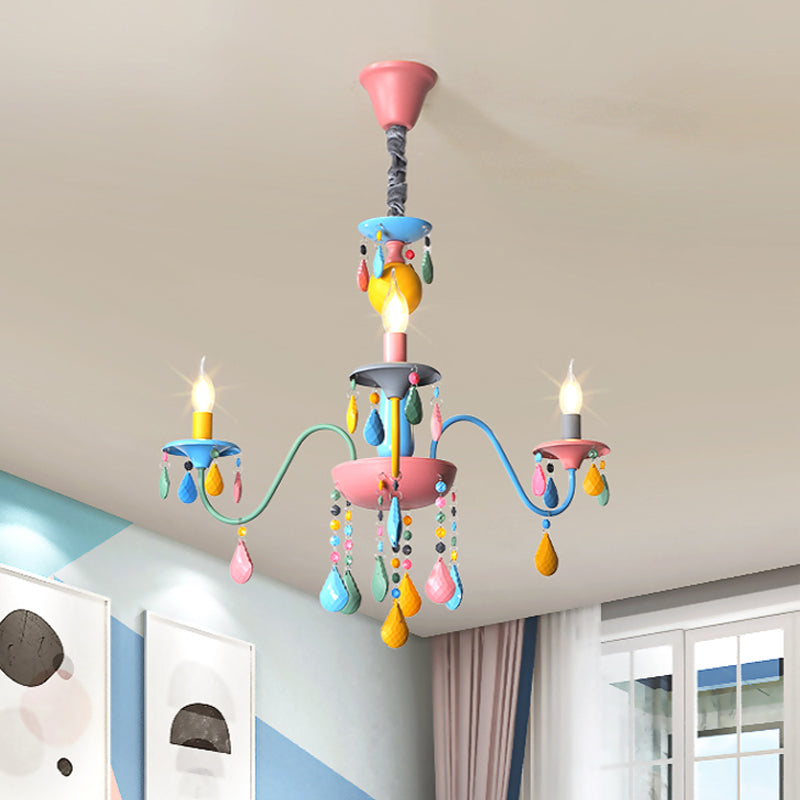 Pink and Yellow Curved Arm Chandelier Light Cartoon 3/5/6 Lights Metallic Pendant Lamp with/without Shade