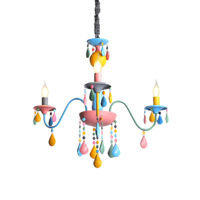 Pink and Yellow Curved Arm Chandelier Light Cartoon 3/5/6 Lights Metallic Pendant Lamp with/without Shade