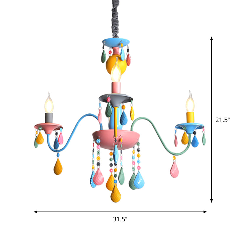 Pink and Yellow Curved Arm Chandelier Light Cartoon 3/5/6 Lights Metallic Pendant Lamp with/without Shade