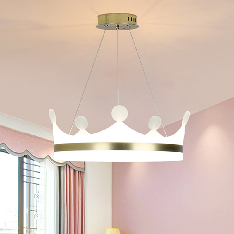 Kids Crown Hanging Lamp Metallic Girls Bedroom LED Chandelier Light in Gold, Warm/White Light