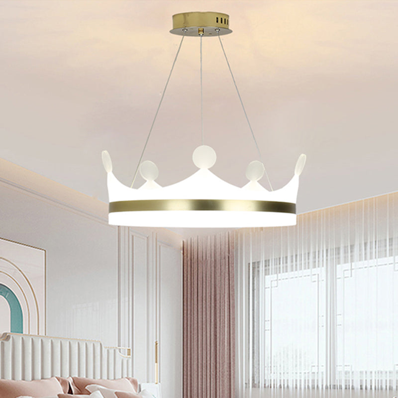 Kids Crown Hanging Lamp Metallic Girls Bedroom LED Chandelier Light in Gold, Warm/White Light