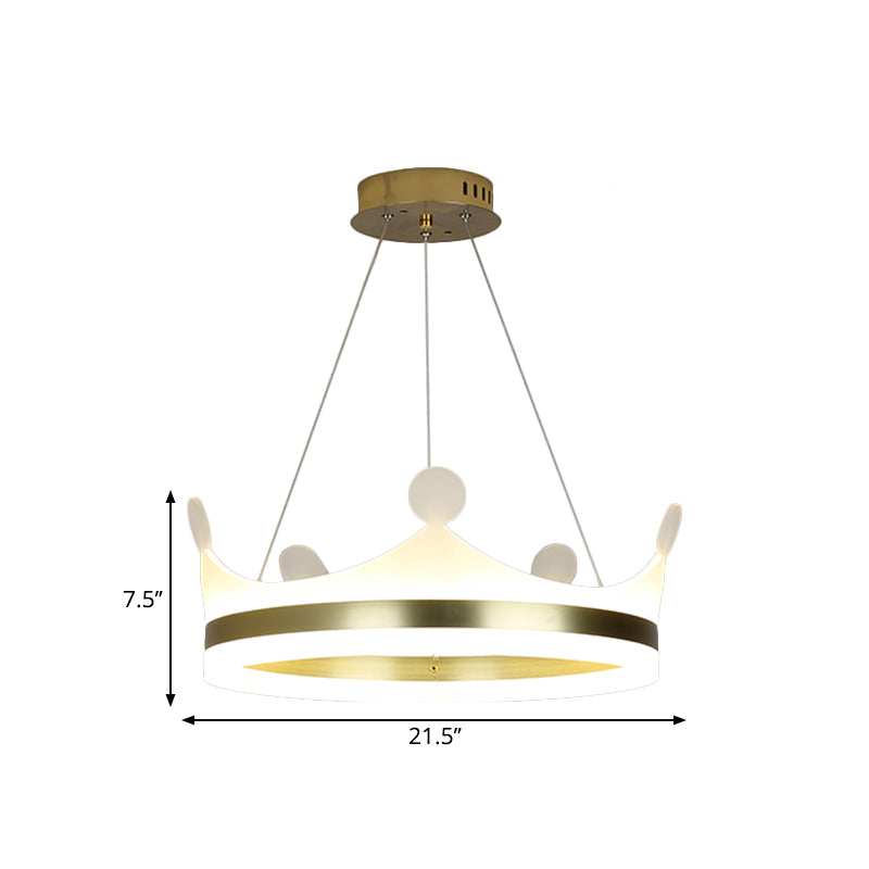 Kids Crown Hanging Lamp Metallic Girls Bedroom LED Chandelier Light in Gold, Warm/White Light